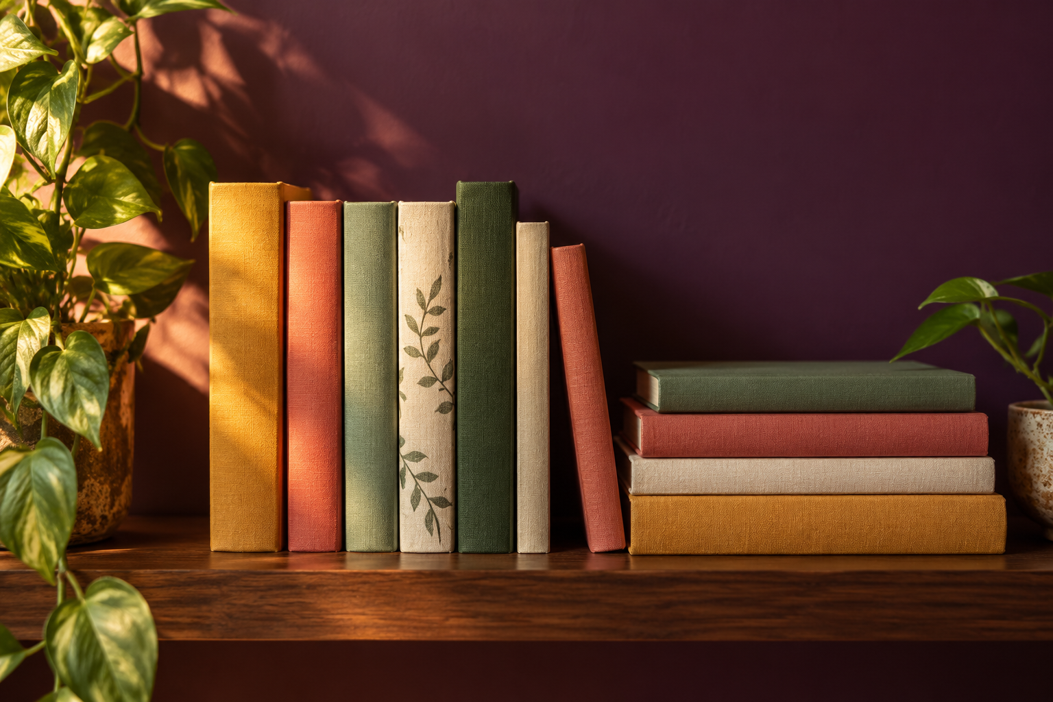 Colorful books on a sunlit walnut bookshelf
